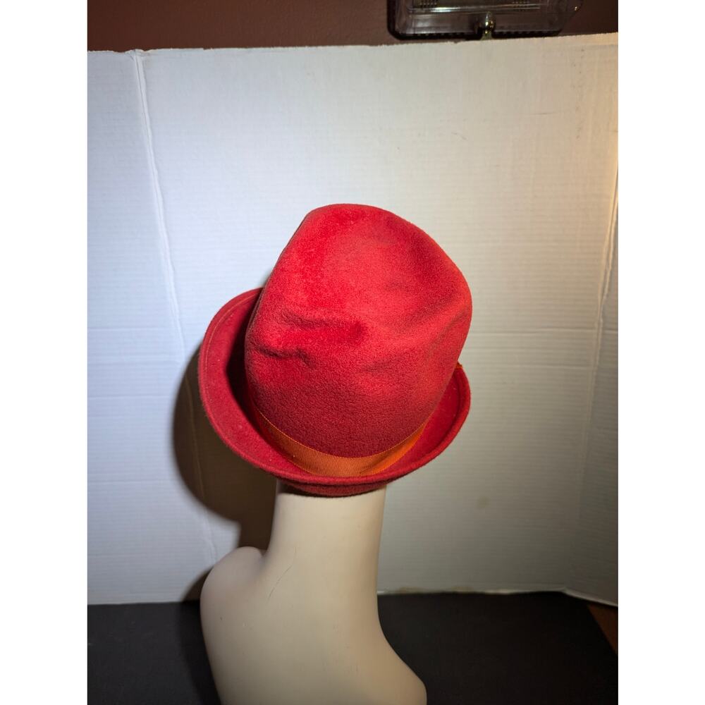 Vintage 50s Red Fur Felt Cloche Hat Orange Ribbon Bow Mid-Century Mod Fedora - Picture 6 of 8